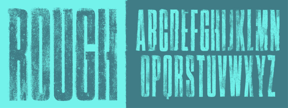 Misprinted, Rough Rolled Ink Texture Ultra Condensed Font. Highly detailed individually textured characters with a really rough, badly printed texture.