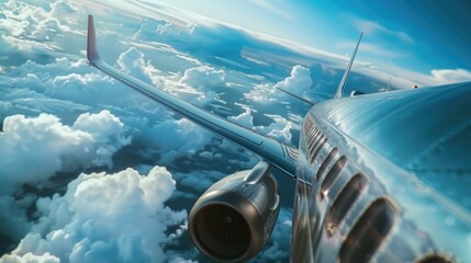 Fototapeta premium A plane flies through a clear blue sky with fluffy white clouds below, suitable for use in travel or aviation-related contexts