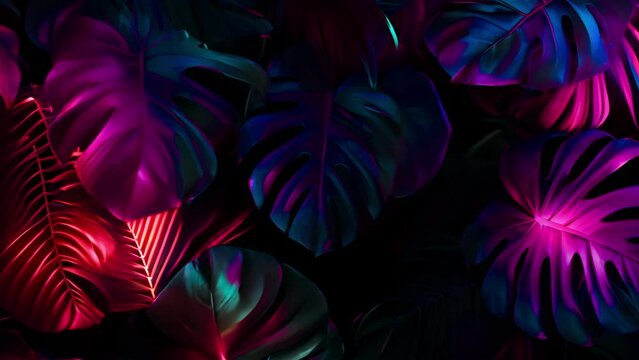 Neon tropical leaves. Color exotic tree and plant leaf, colorful palm leaves. Leaf floral tropical, rainforest foliage exotic, fashion botanical neon lights 4k video