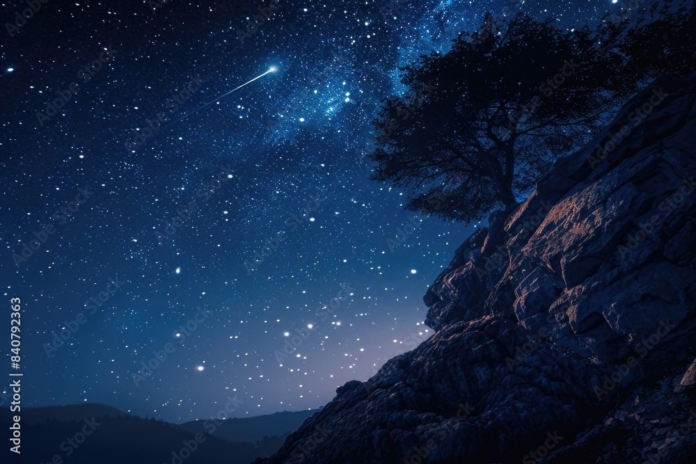 Poster a starry night sky with a single tree standing tall, perfect for use in illustrations or as a backgr