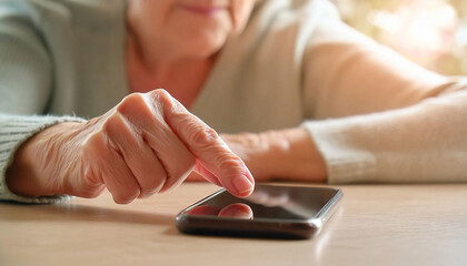 Close-up of elderly woman learning to use a smartphone in the kitchen, focusing on her hand and soft lighting, digital literacy, learning. front perfective.