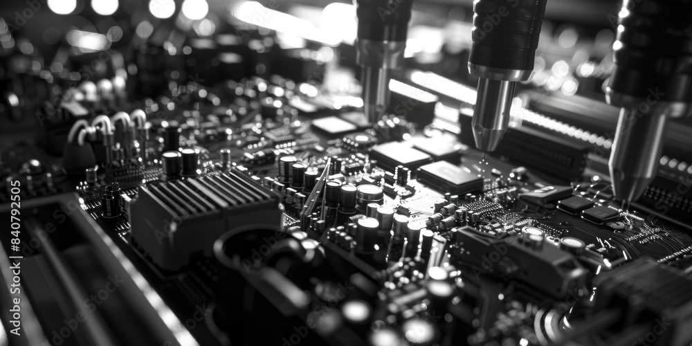 Poster a close-up shot of a black and white computer motherboard, highlighting its components and details