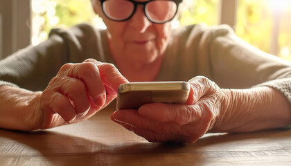 Close-up of elderly woman learning to use a smartphone in the kitchen, focusing on her hand and soft lighting, digital literacy, learning. front perfective.