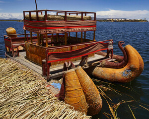 Typical Totora Boat, (Puno Peru), Boat made from the totora plant, a particular species of cane,...