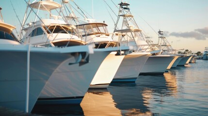Fototapeta premium A row of white boats moored in a calm harbor, suitable for use as a background or illustration
