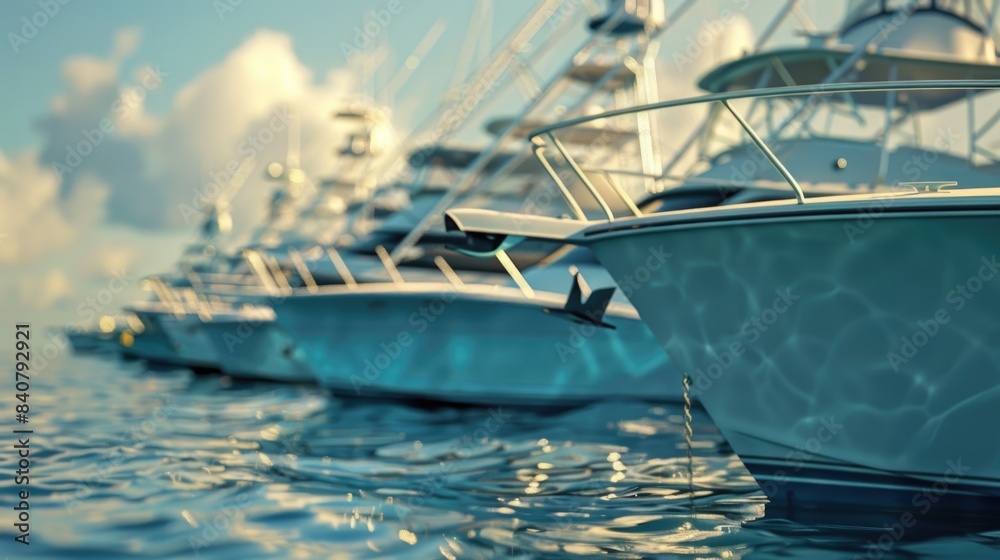 Poster a row of white boats floating peacefully on calm water, suitable for use as a background or to illus