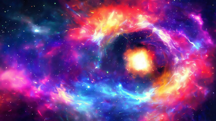 Fototapeta premium Abstract colorful nebula with glowing bubbles and bright starry sky texture