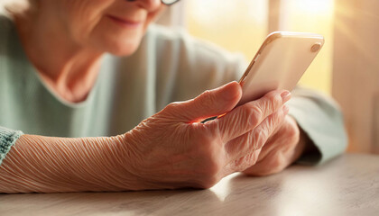 Close-up of elderly woman learning to use a smartphone in the kitchen, focusing on her hand and soft lighting, digital literacy, learning.