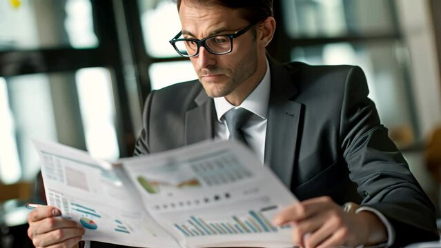 A man is seated at a table, focusing intently on reading a piece of paper that appears to be a financial report, A successful entrepreneur reviewing financial reports with a focused expression