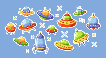 Vibrant Collection Of Cartoon Vector Flying Saucer Stickers On Blue Background. Whimsical Ufo Patches, Playful Fun Decor