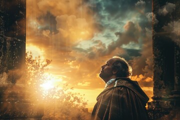Obraz premium A person standing outdoors looking up at the cloudy sky, possibly contemplating or lost in thought