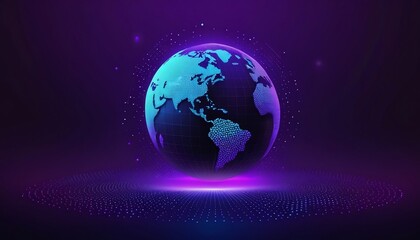 Fototapeta premium Digital technology background with blue gradient and digital world globe made of dots on dark purple background, data transfer concept, diigital illustration created with generative ai. 