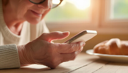 Close-up of elderly woman learning to use a smartphone in the kitchen, focusing on her hand and soft lighting, digital literacy, learning.