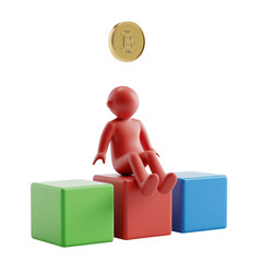 3D man sitting on blocks, coin in the air, red, green, blue, gold color