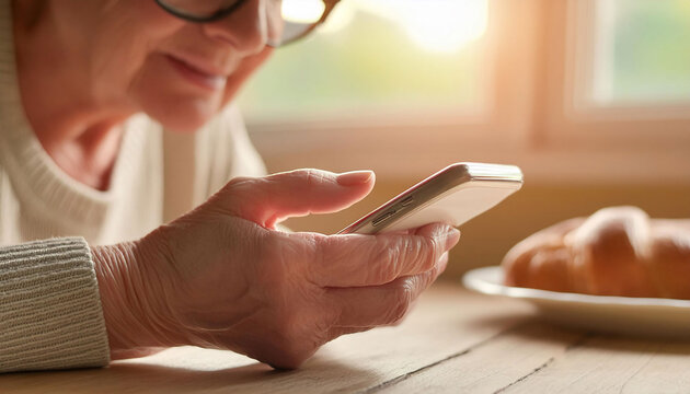 Close-up of elderly woman learning to use a smartphone in the kitchen, focusing on her hand and soft lighting, digital literacy, learning.