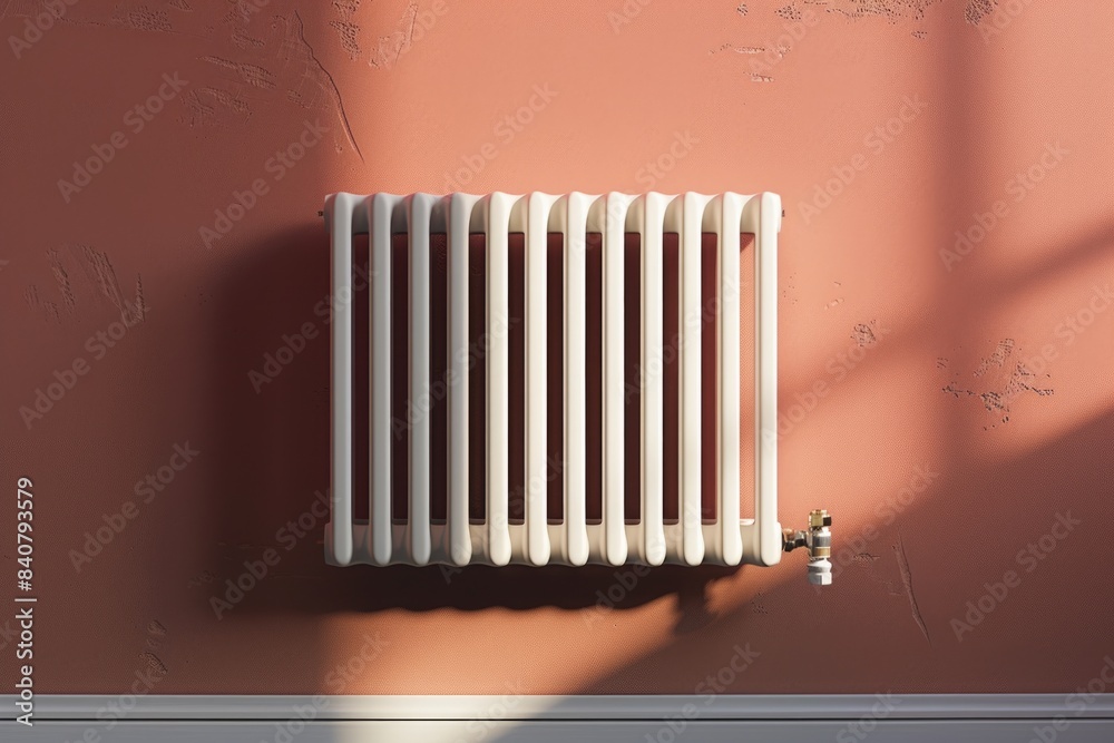 Poster a white radiator sits on a pink wall, next to a window with an open view