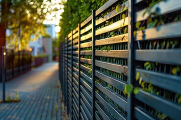 A metal fence with wooden slats, suitable for various settings and uses
