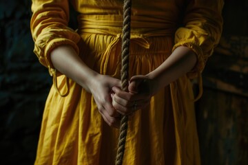 A woman wearing a bright yellow dress holds a rope, ready for action