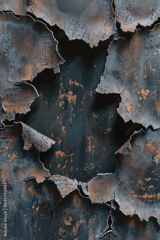 Poster a rusty metal surface with a hole in the center, suitable for industrial or abandoned setting backgr