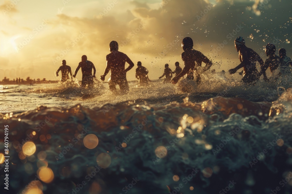 Poster a group of people sprinting towards the ocean's shore, with waves crashing in the background