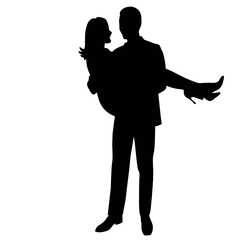 Man carries woman in his arms flat style vector silhouette, white background