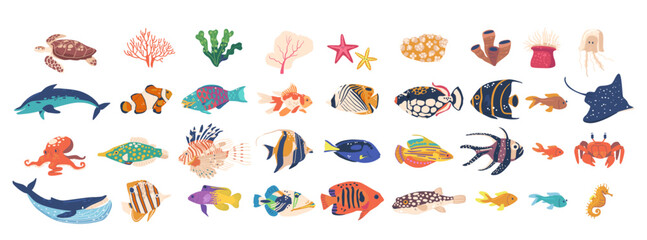 Colorful Cartoon Vector Set Of Various Sea Creatures And Marine Animals. Fish, Corals And Underwater Elements