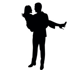 Man carries woman in his arms flat style vector silhouette, white background