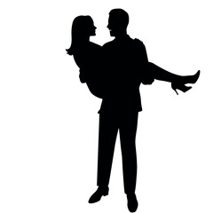 Man carries woman in his arms flat style vector silhouette, white background