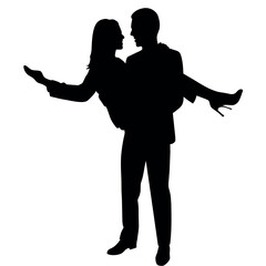 Man carries woman in his arms flat style vector silhouette, white background