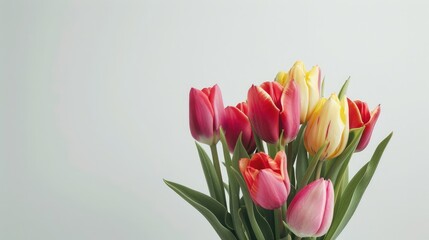 Fototapeta premium Colored tulips on a white background. AI generated.