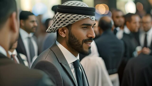 Successful Muslim Businessman Smiles in Suit and Tie, A successful Muslim businessman networking at a high-profile industry event, exuding professionalism and charisma