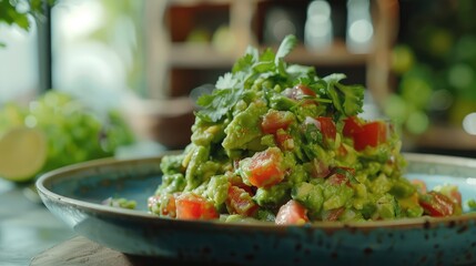 Guacamole on a blue plate. AI generated.