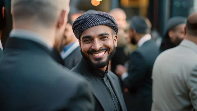 A Muslim man wearing a turban smiles confidently at the camera, A successful Muslim businessman networking at a high-profile industry event, exuding professionalism and charisma