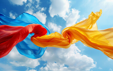 Fototapeta premium Beautiful flying fabricս against the blue sky with clouds. The concept of freedom, 