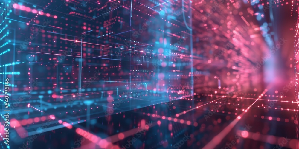 Poster complex geometric structures in a virtual, holographic background, highlighting the intersection of 