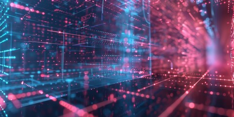 Fototapeta premium Complex geometric structures in a virtual, holographic background, highlighting the intersection of innovation and advanced technology