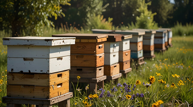 Beehives in an apiary outdoors with wildflower - AI