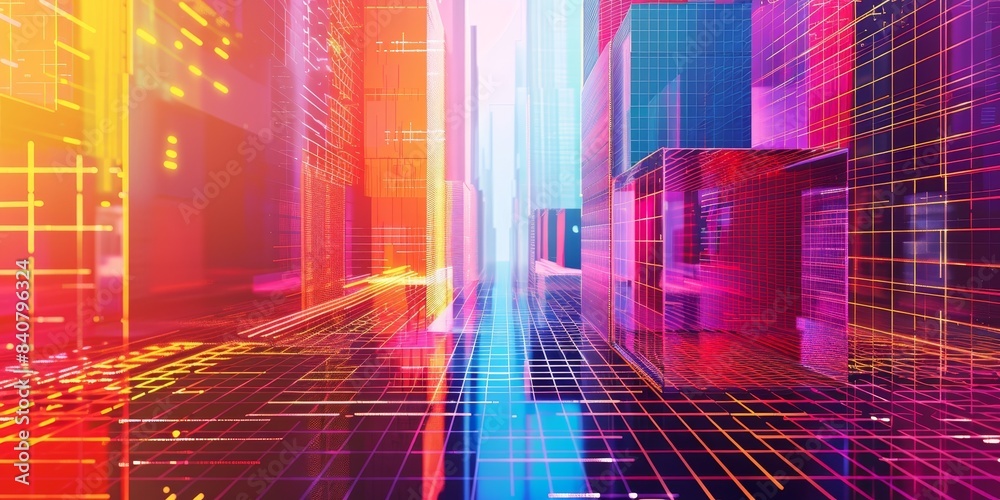 Poster futuristic, holographic background with a minimalist approach, showcasing interactive and virtual te