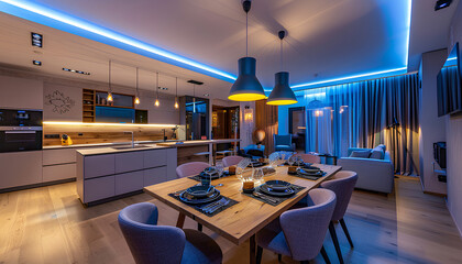 Interior of modern open plan kitchen with dining table and glowi