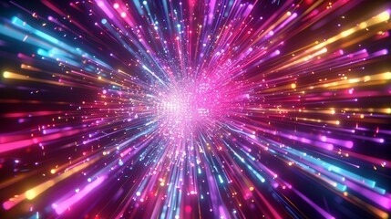 Psychedelic 3d explosion  neon lines converge in vibrant memphis style render with flying objects