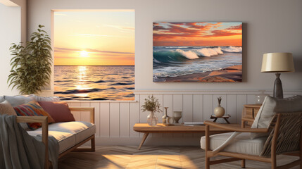 Fototapeta premium A seaside view with waves gently washing onto the shore beneath a pastel-colored sunset