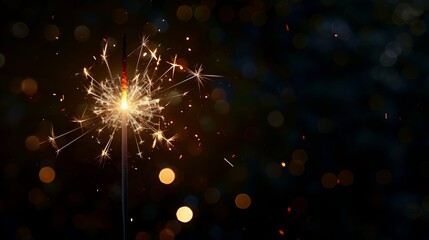 Fototapeta premium Bright sparkler illuminating dark background with festive glow, copy space, realistic image
