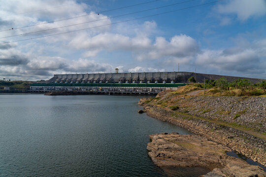 Belo Monte dam on Xingu River. Hydroelectric Power Plant in Amazon rainforest in Altamira city, Para, Brazil. Concept of environment, ecology, nature, deforestation, energy, renewable, sustainable.	