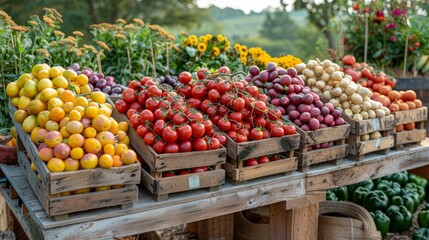 Freshly Harvested Autumn Vegetables in Wicker Basket With Colorful Flowers