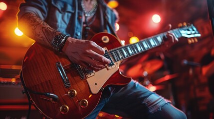 Fototapeta premium Close Up Of A Guitarist Playing On Stage During A Live Performance