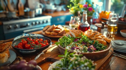 Delicious Food Spread on Wooden Table at Home