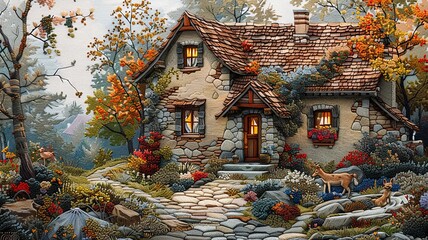 Fototapeta premium Rustic village scene crafted from embroidery threads showcasing an artistic countryside house