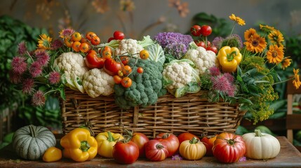 Freshly Harvested Autumn Vegetables in Wicker Basket With Colorful Flowers