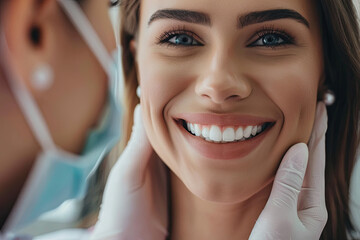 Dentist and woman checking smile after teeth cleaning and consultation