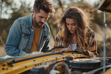 Couple with broken-down car, relaxed attitude while seeking help